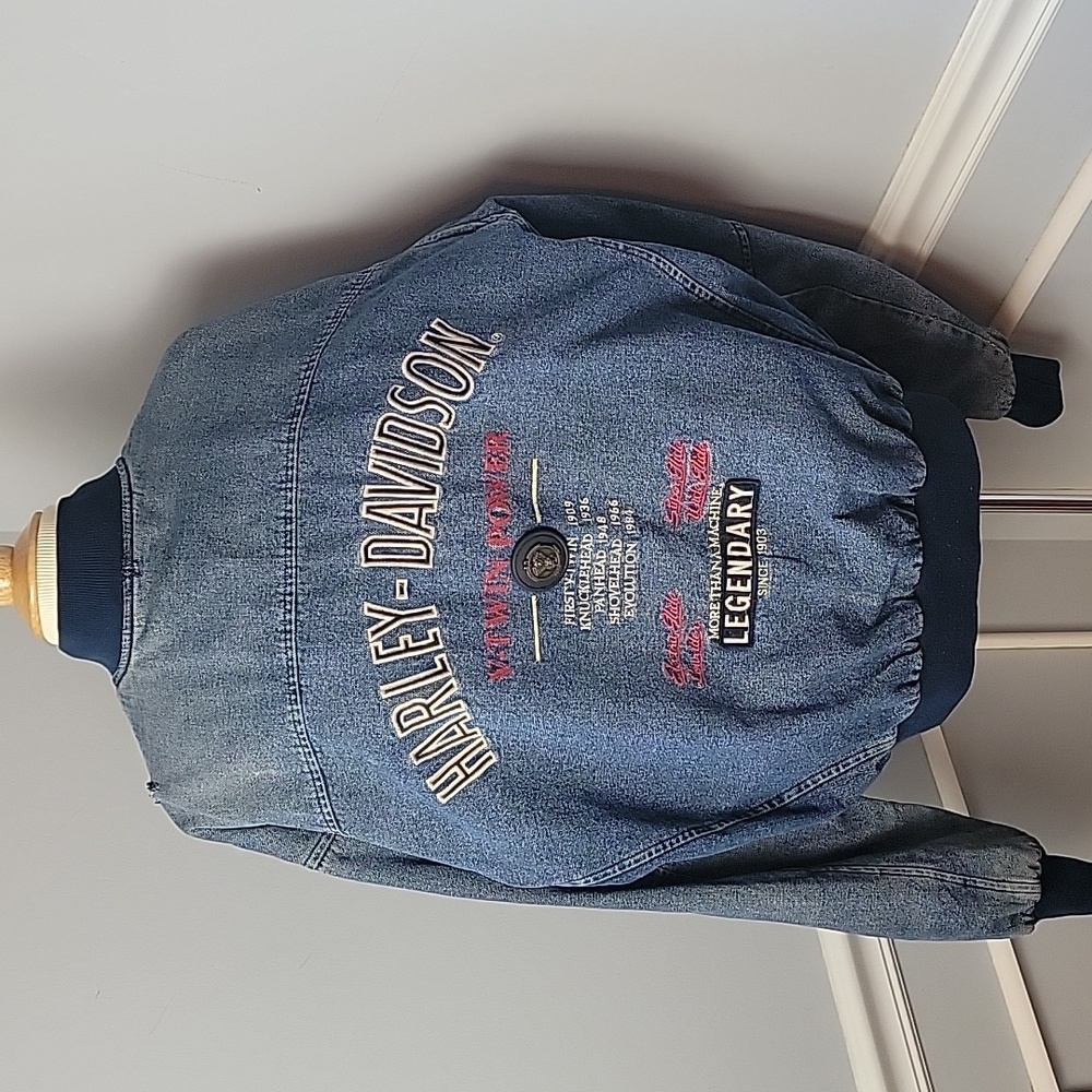 HARLEY‎ DAVIDSON V-Twin Power Embroidered Denim VTG Zip Bomber Biker Jacket XL - Picture 3 of 16